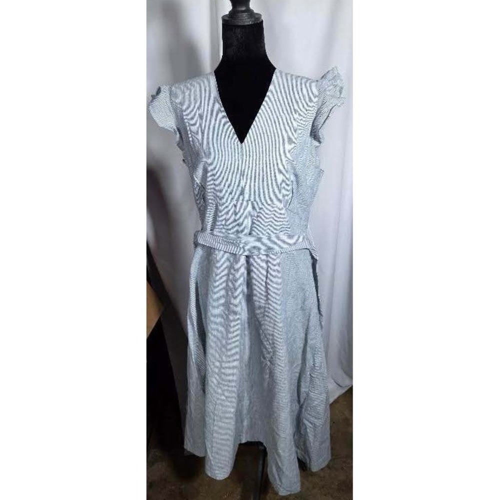 Hope & Henry Blue White Seersucker Stripe Flutter Sleeve Belted Midi Dress 12